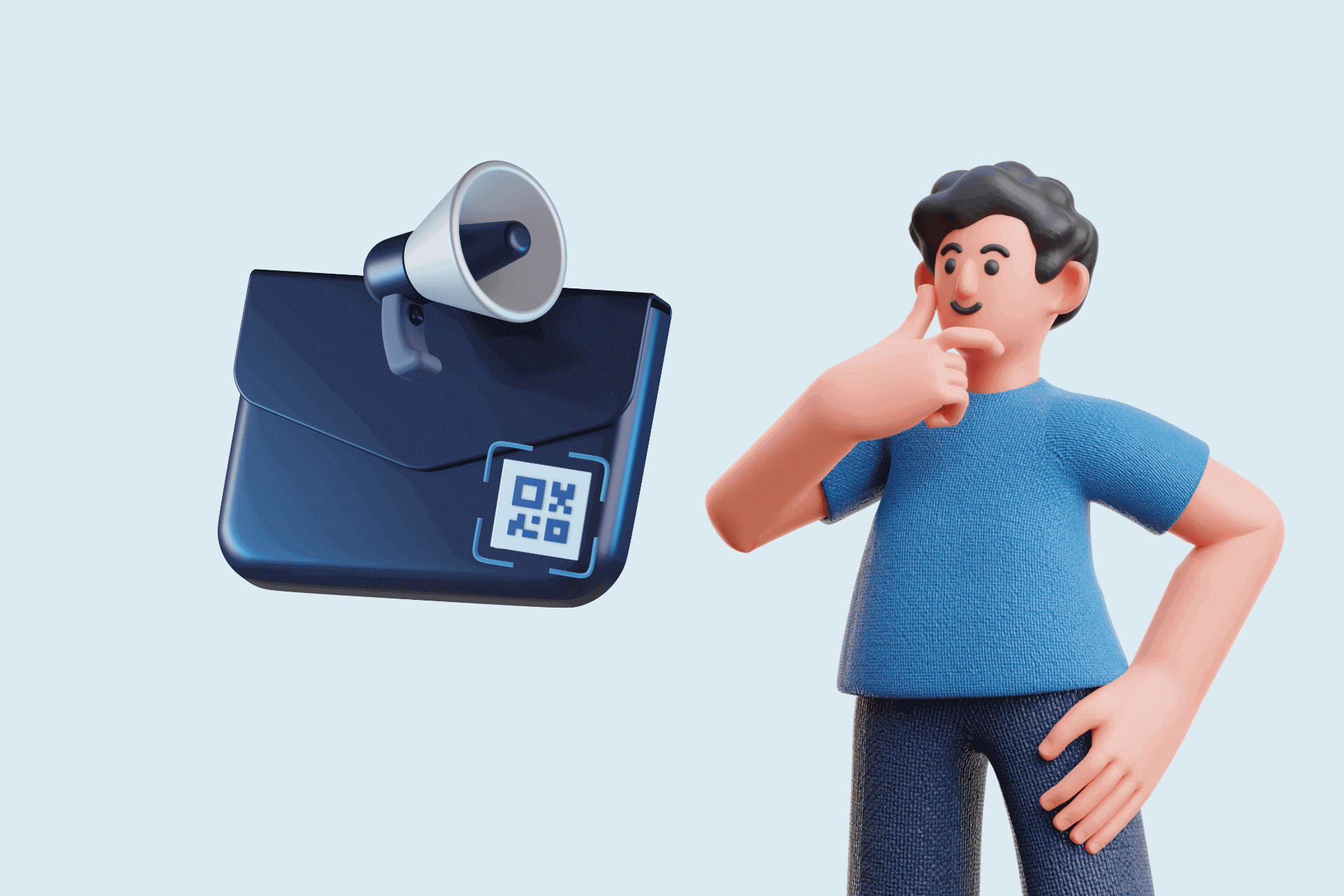 an illustration of a man and a mail with megaphone and QR code