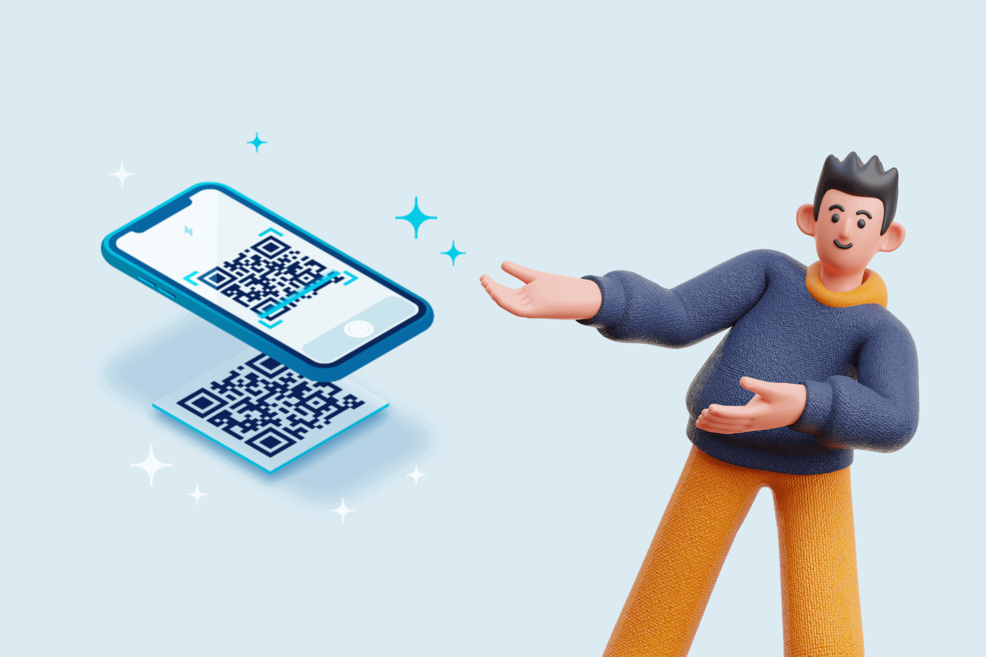 an illustration of a man displaying a phone scanning a QR code
