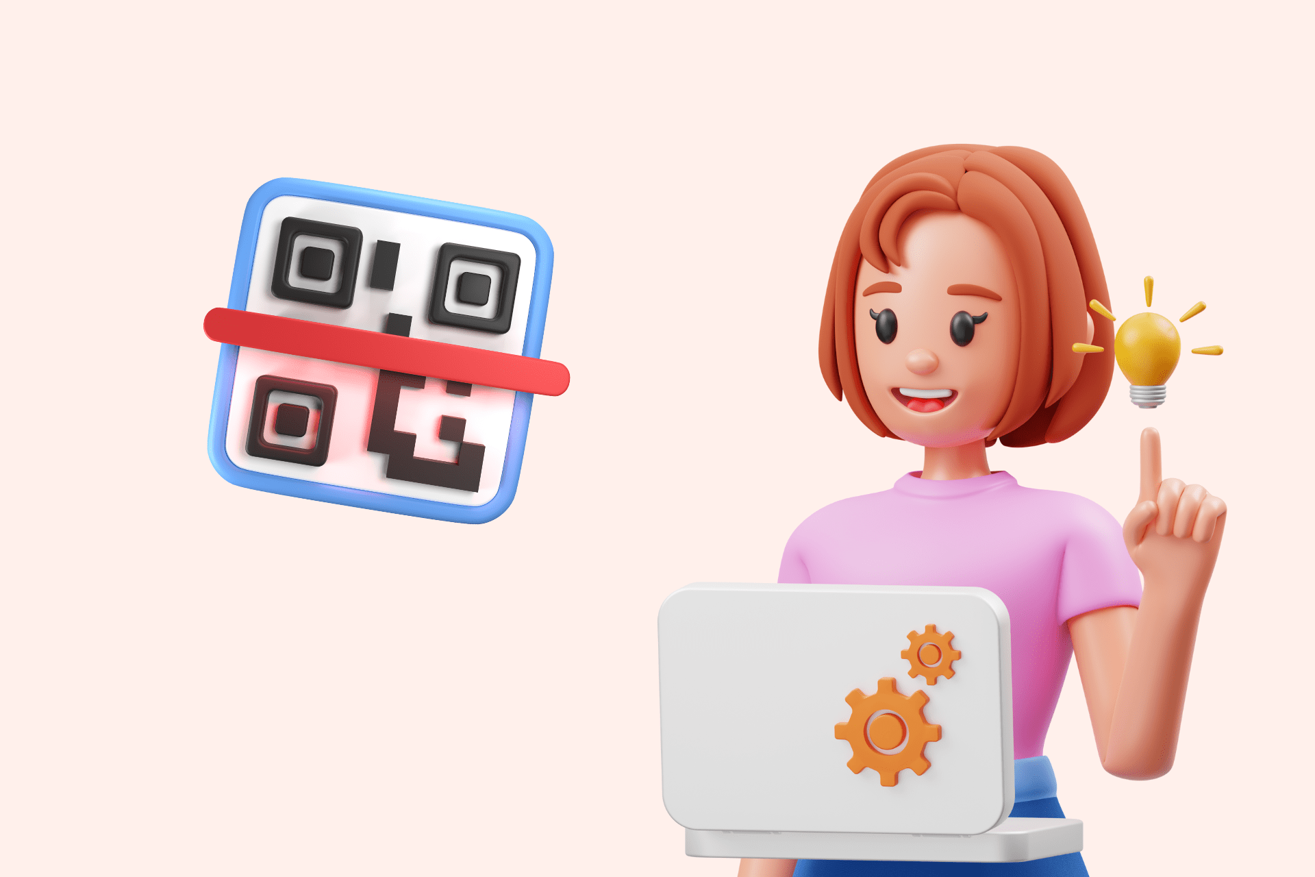 an illustration of a woman with a light bulb and laptop, and a QR code next to her