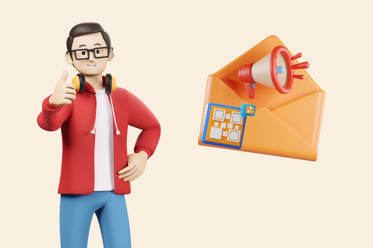 an illustration of a man and an envelope with a QR code