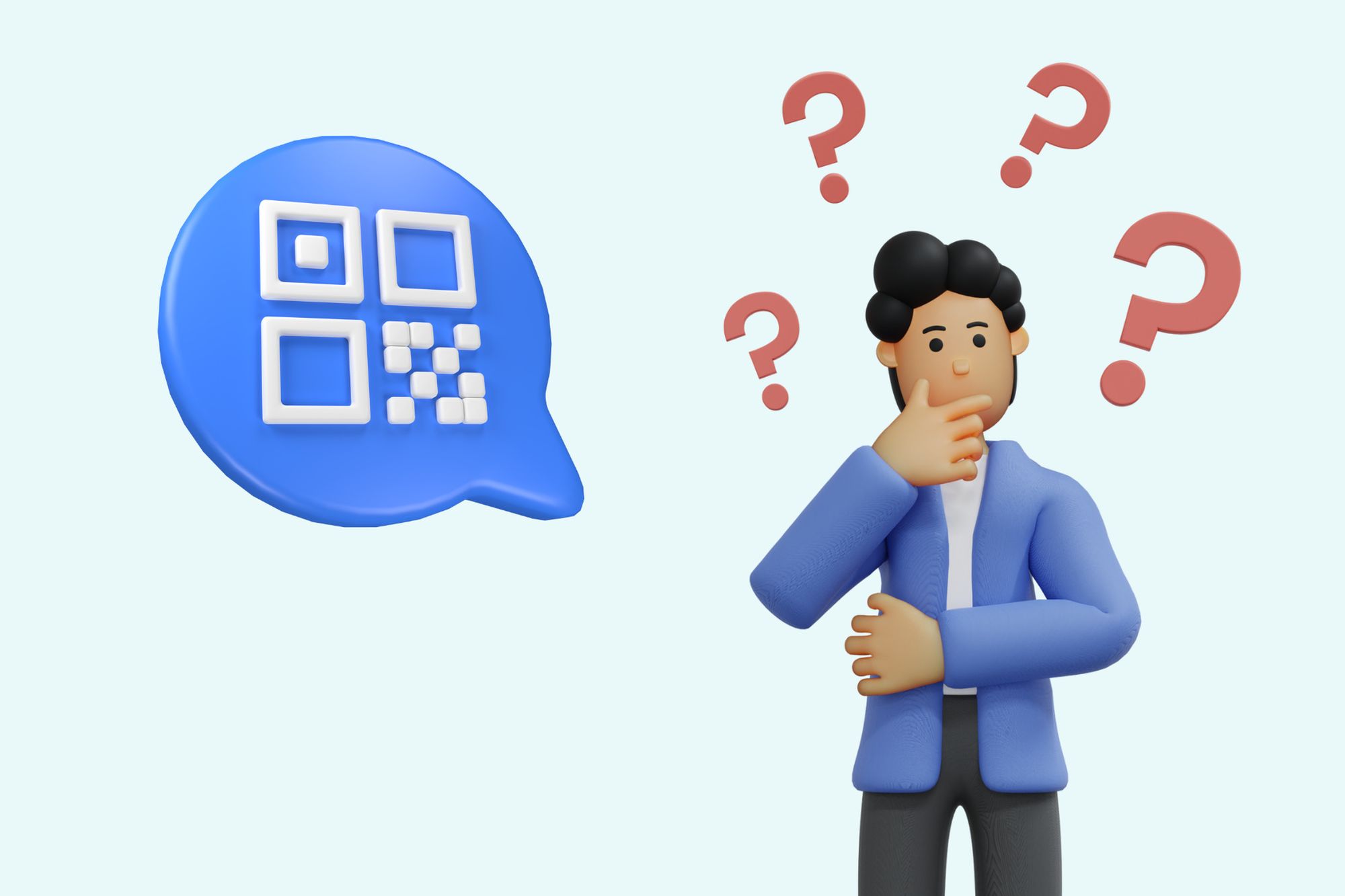a cover image with an illustration of a man with question marks, next to a QR code