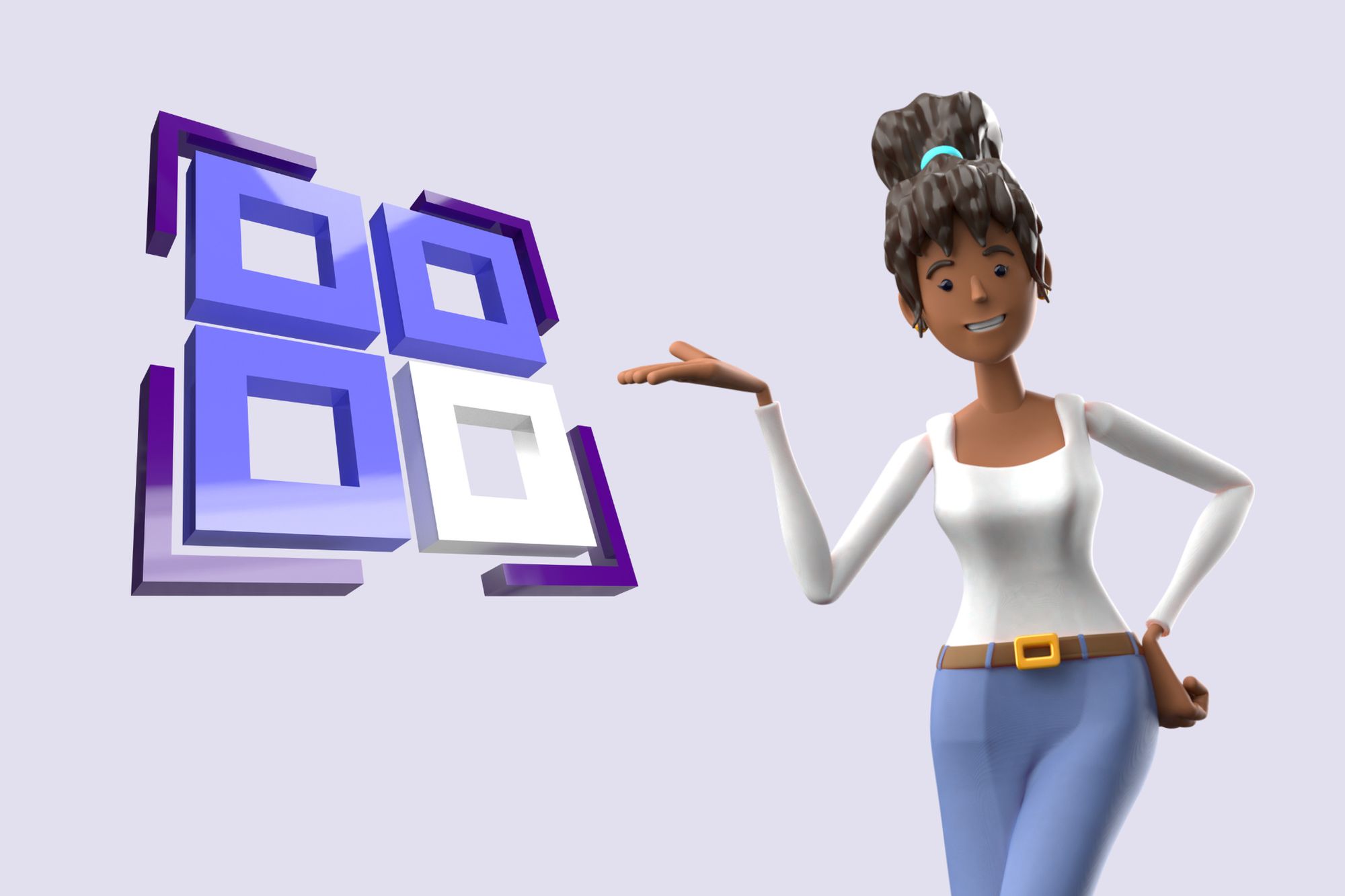 an illustration of a woman wearing white shirt and a QR code next to her