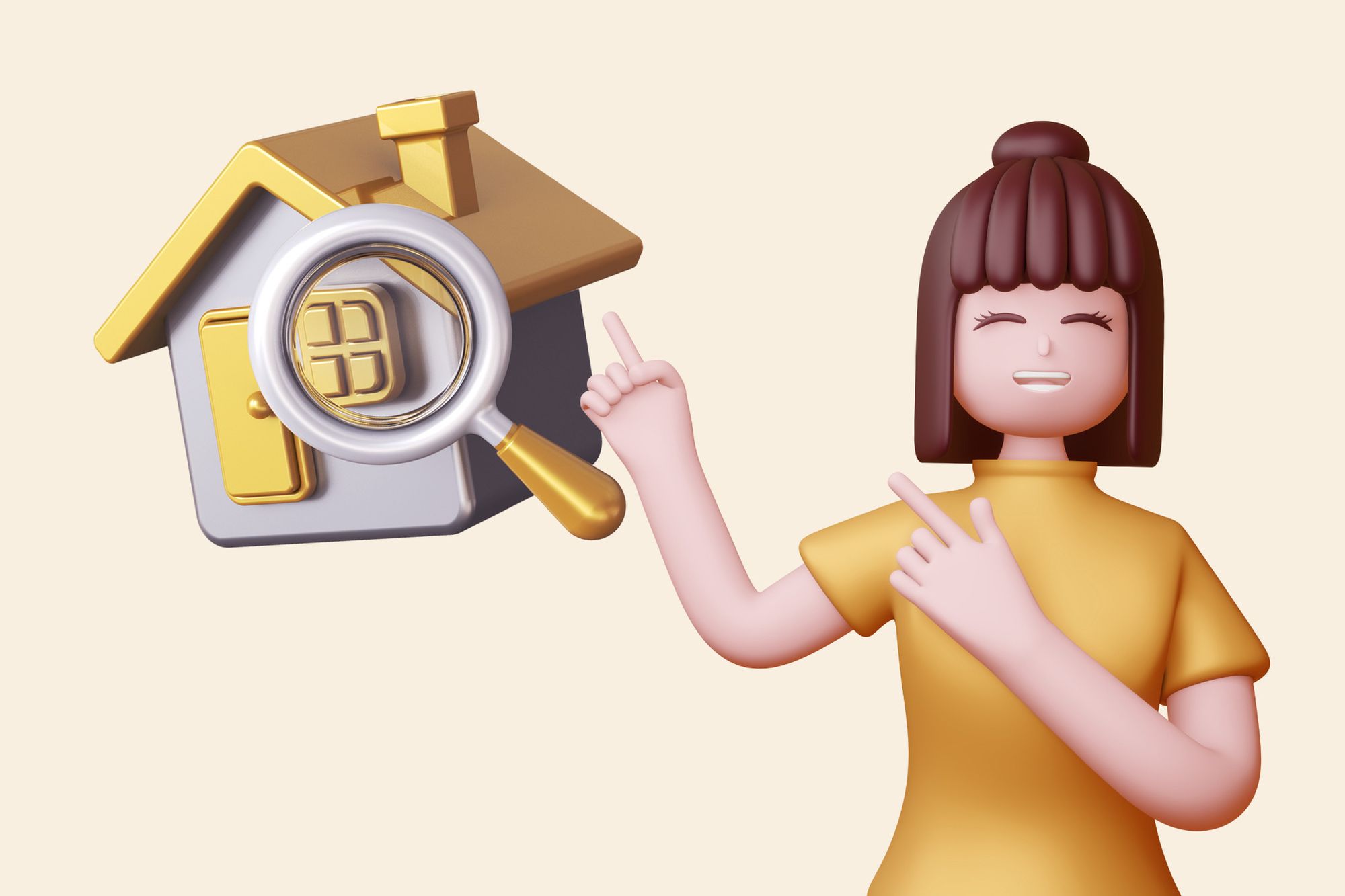 an illustration of a woman next to house and magnifying glass