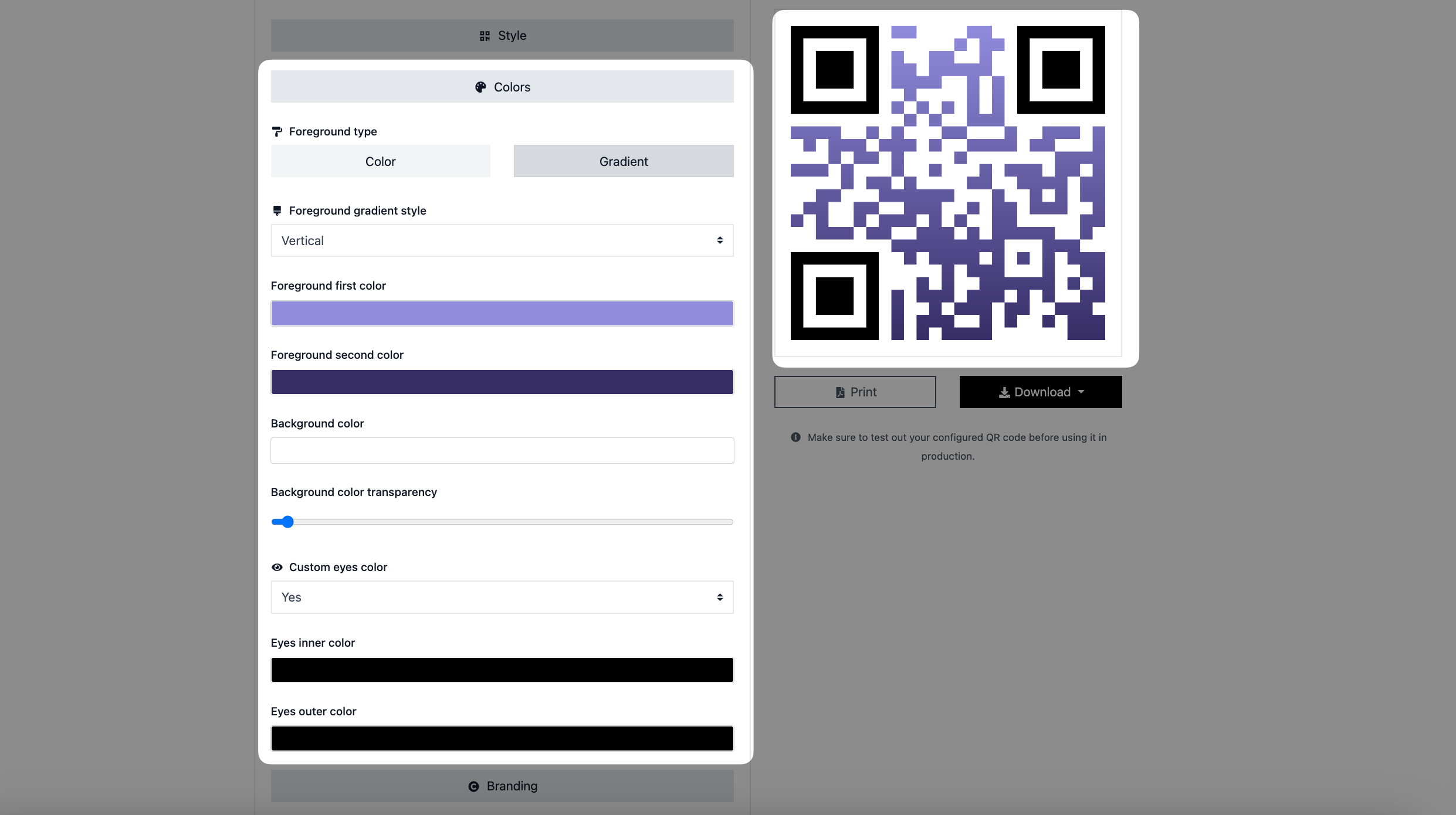 Screenshot of customizing the color of a real estate QR code in QR Code Dynamic