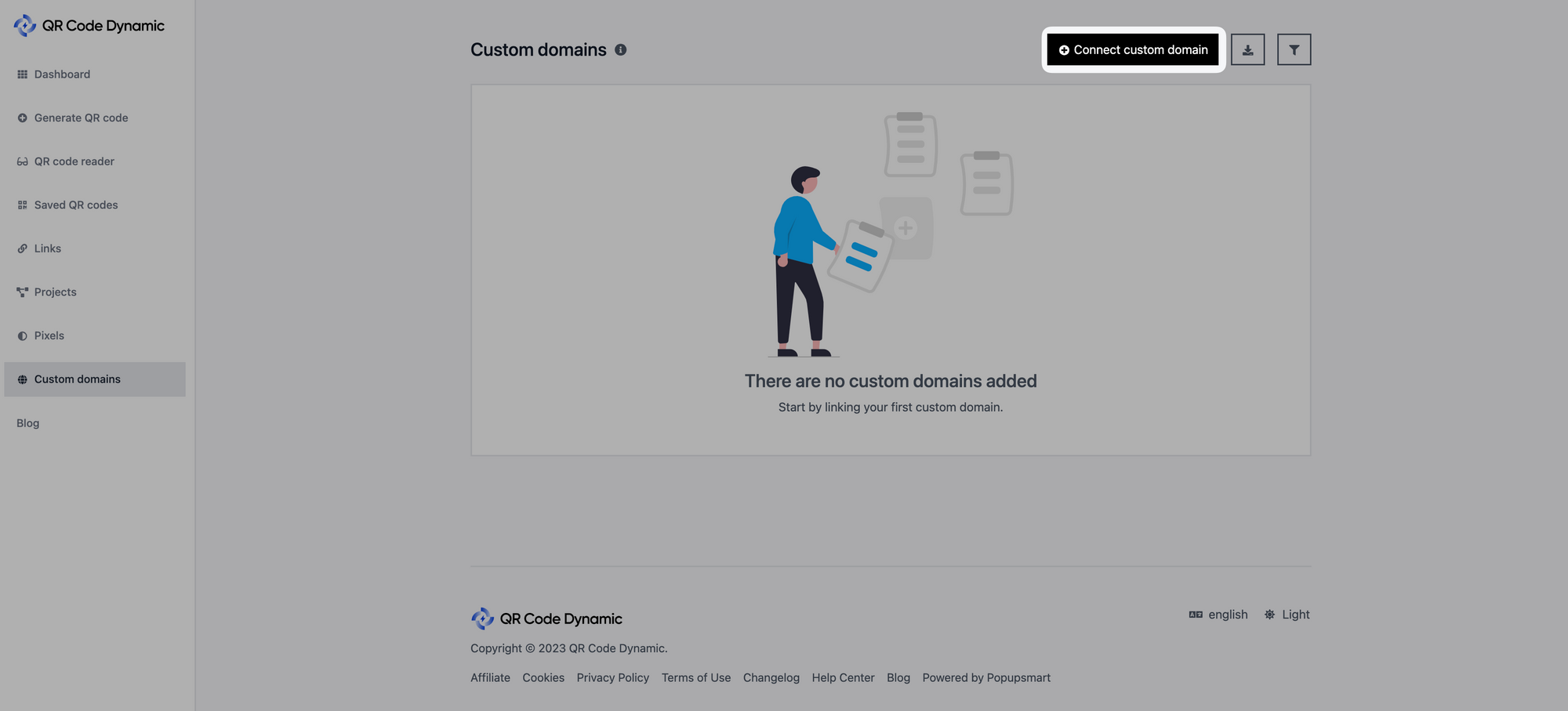 a screenshot of clicking the "Connect custom domain" button on the Domains page of QRCodeDynamic