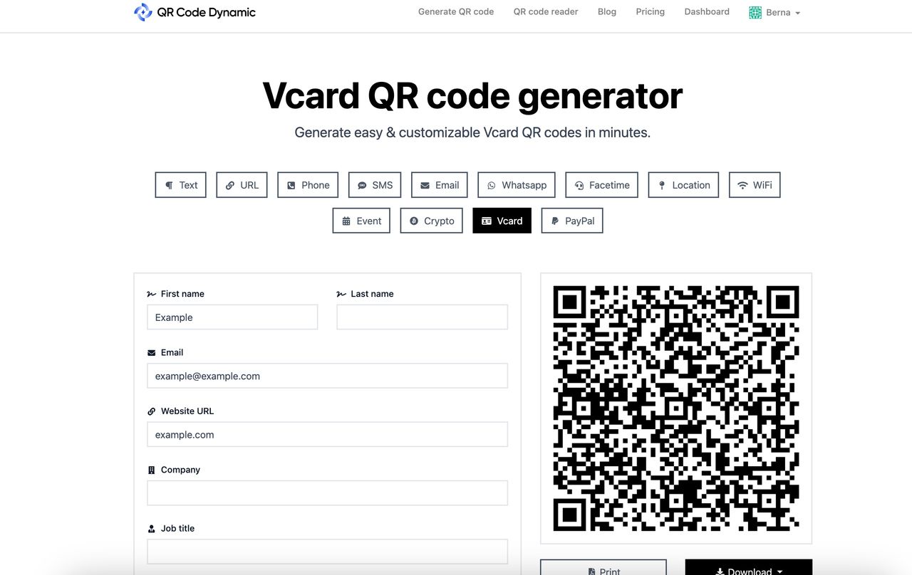 Vcard QR code generator interface to embed a QR code in your email signature with contact details
