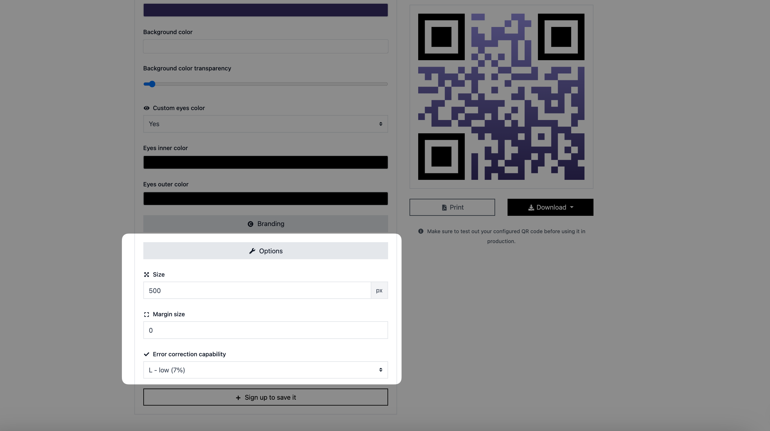 Screenshot of selecting the size of a real estate QR code in QR Code Dynamic