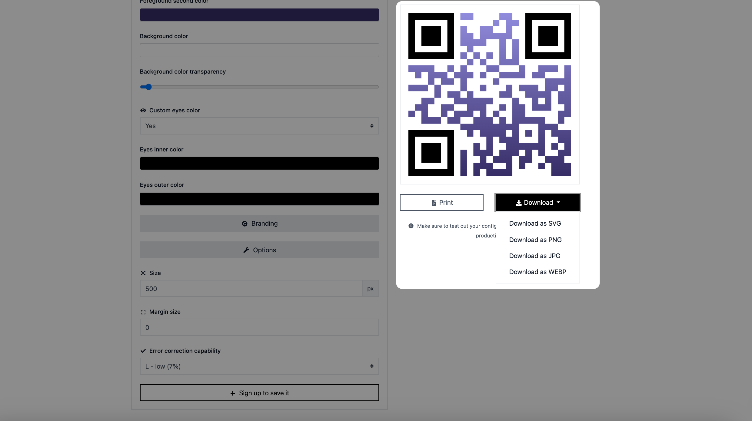 Screenshot of downloading a real estate QR code for print from QR Code Dynamic