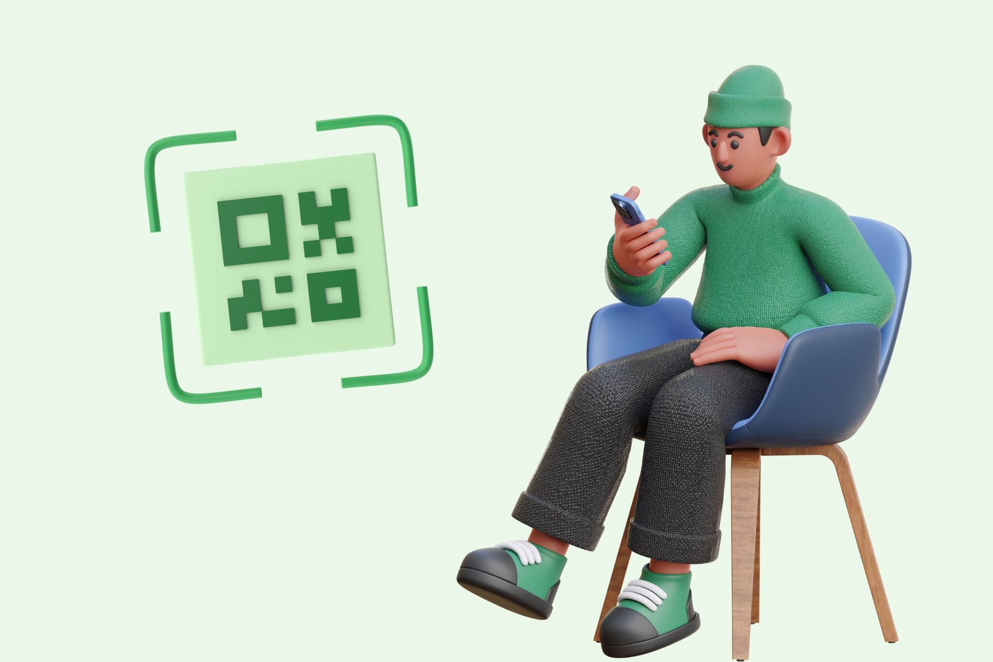 a cover image that includes an illustration of a QR code and a man checking his phone and sitting
