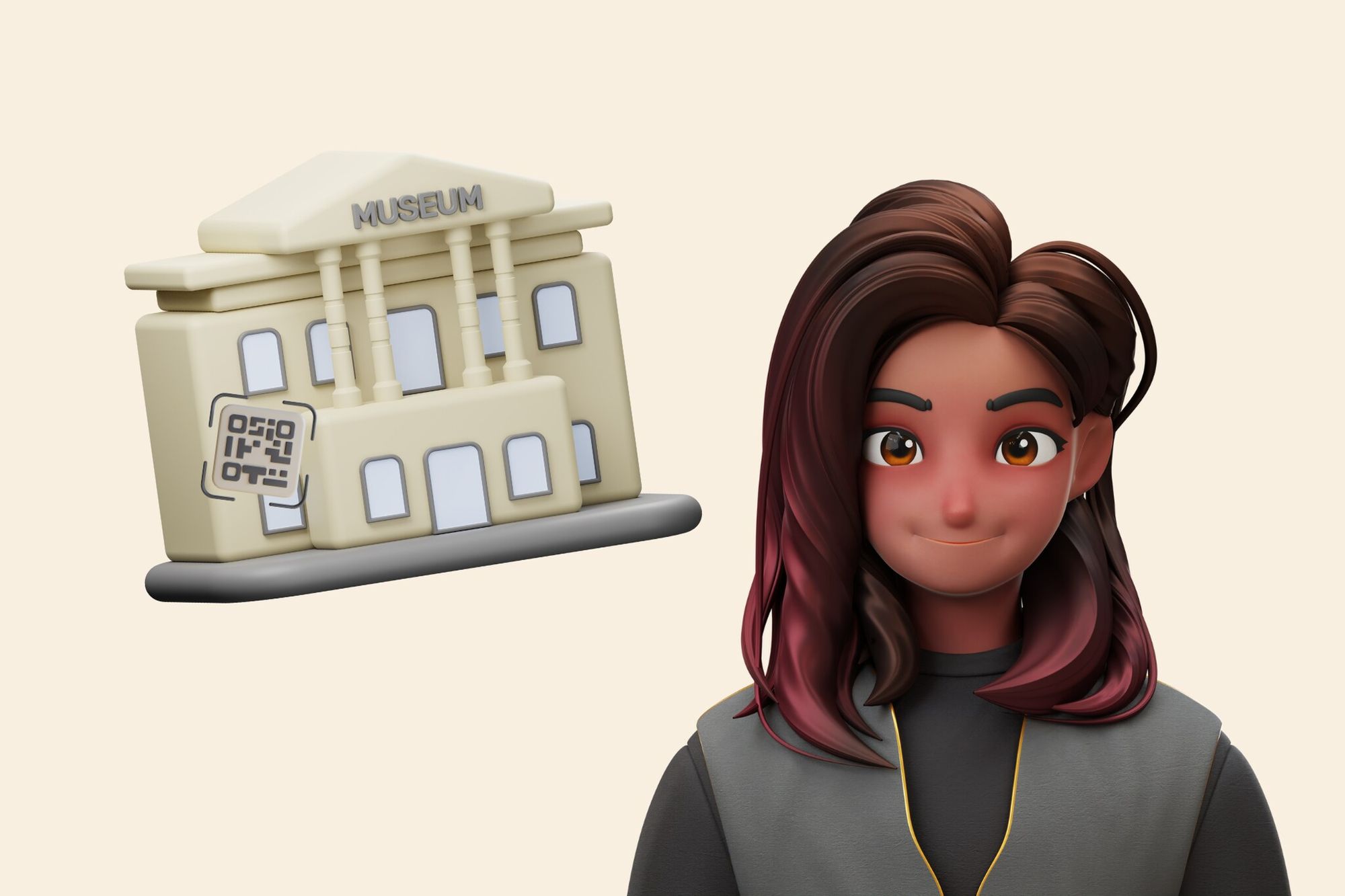an illustration of a girl with red hair and a museum with QR code next to her