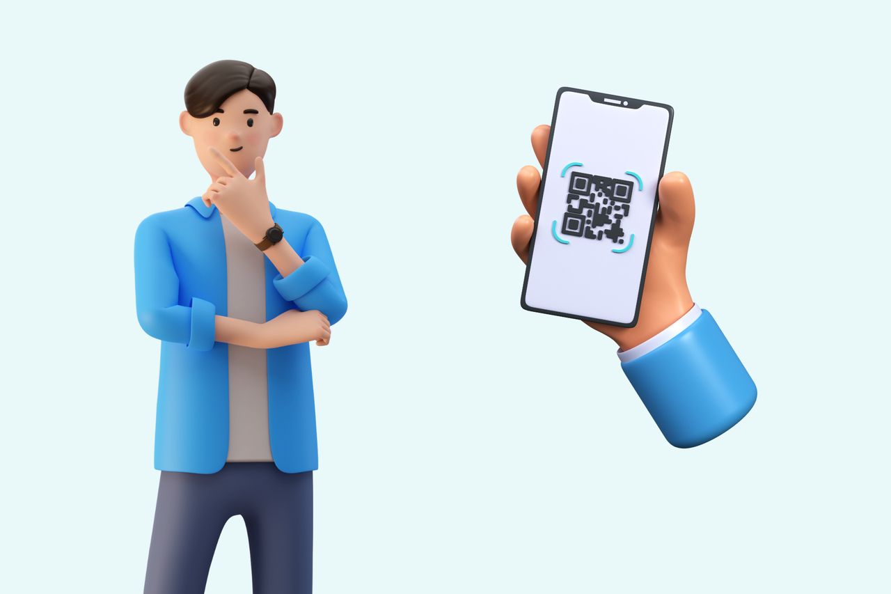 an illustration of a man thinking, and a hand holding a phone that displays a QR code