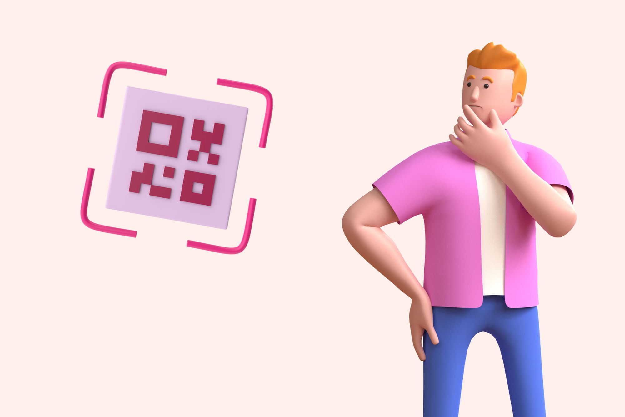 an illustration of a man wearing a pink shirt and thinking, next to a QR code