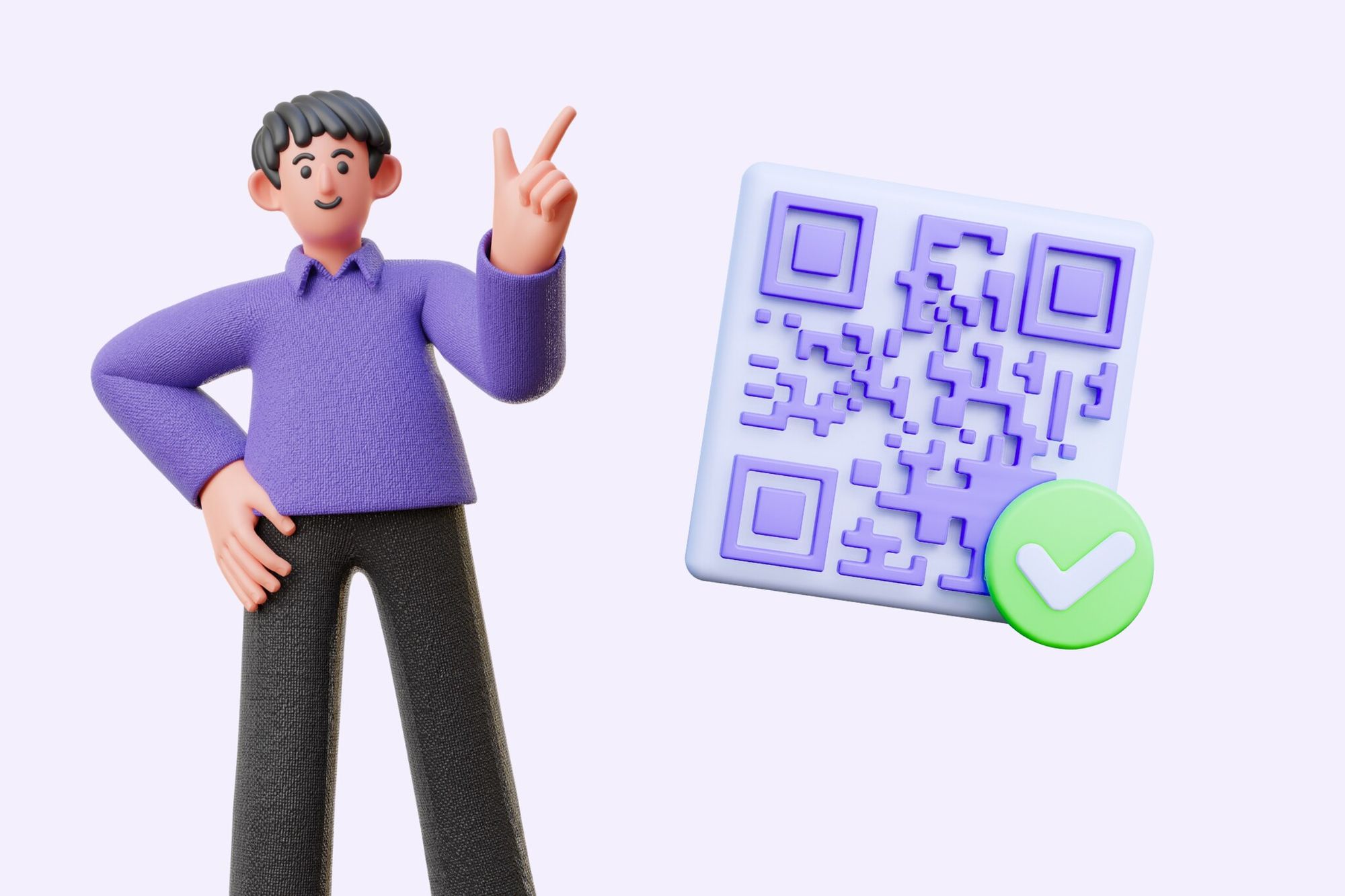 an illustration of a man wearing a purple shirt next to a purple QR code