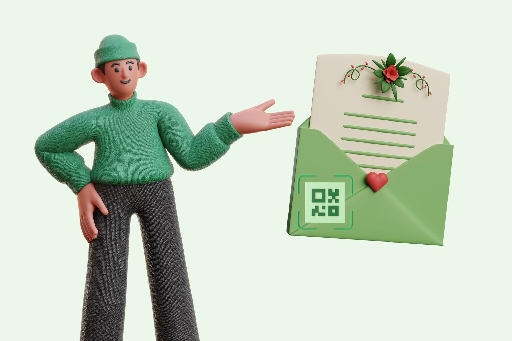 an illustration of a man with a wedding invitation envelope that has a QR code
