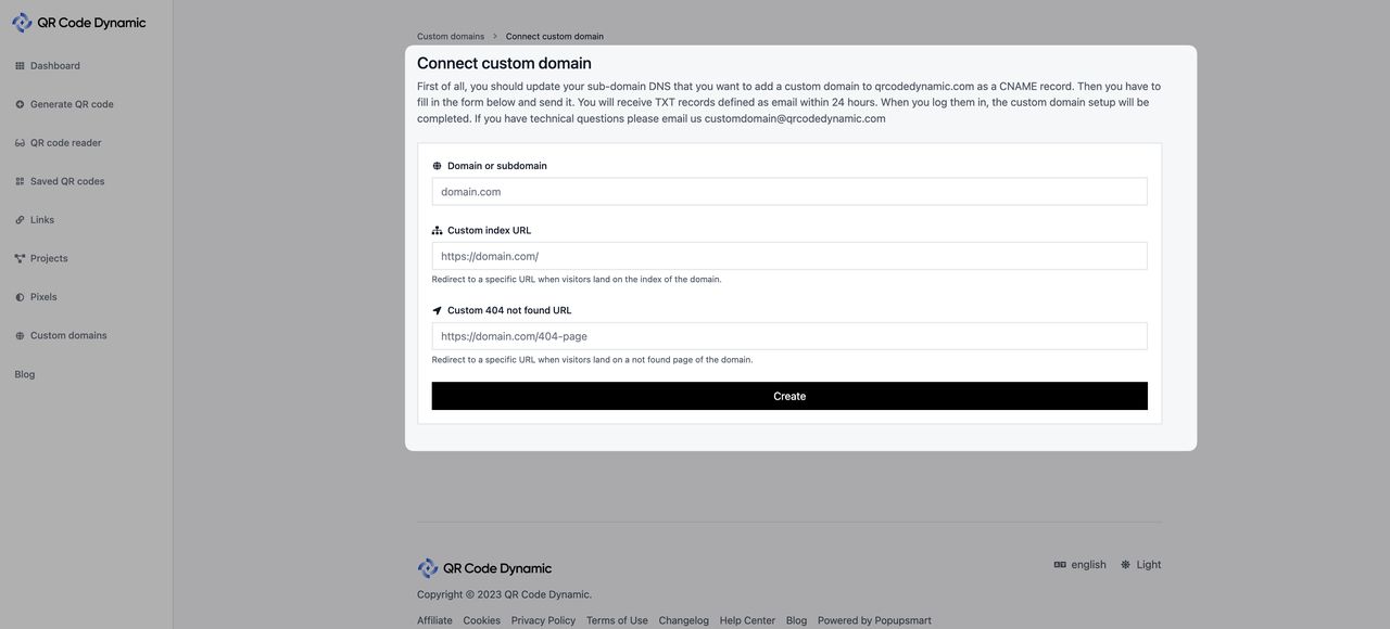a screenshot of necessary input fields to fill in Custom Domain page of QRCodeDynamic
