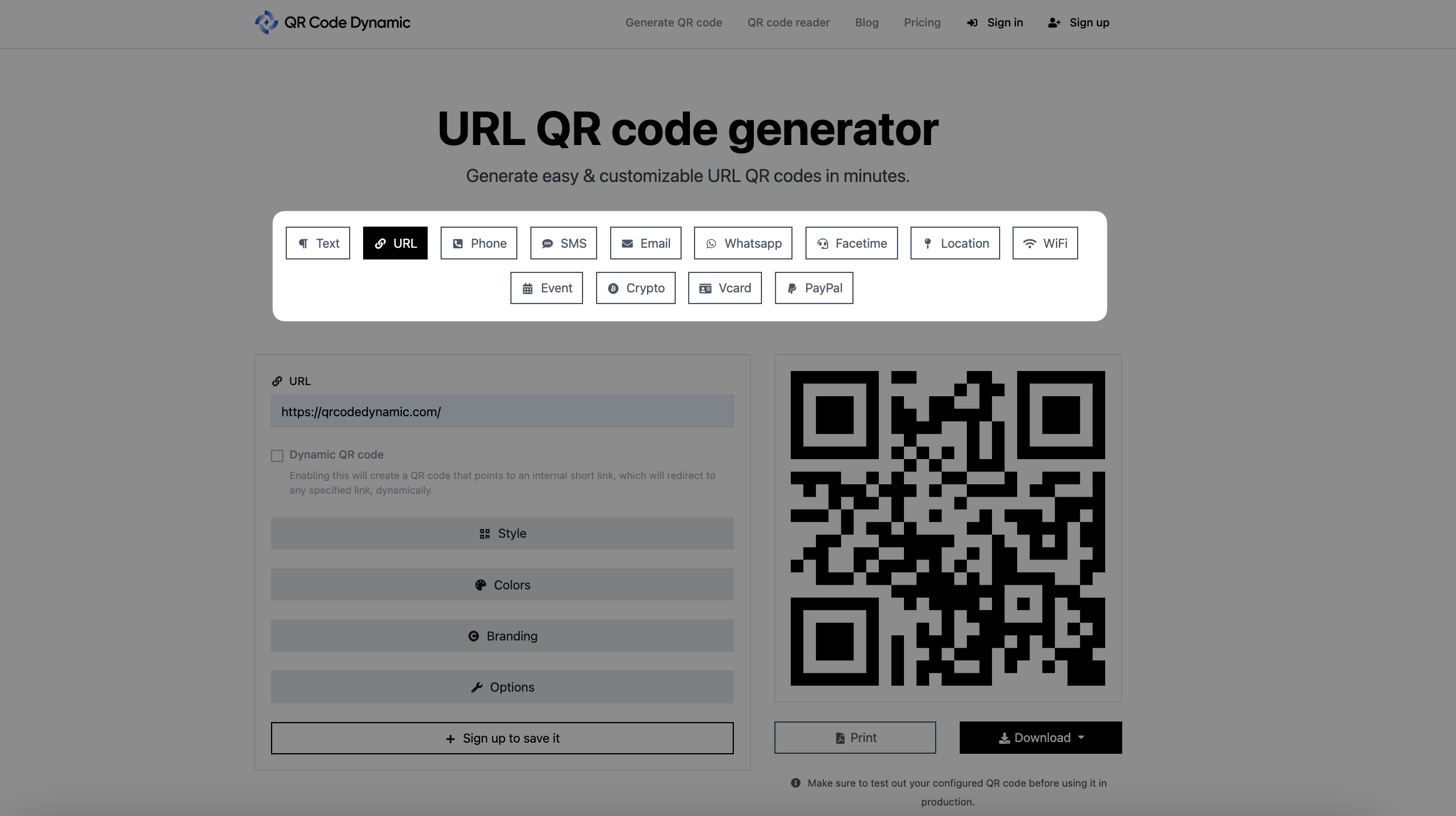Screenshot of QR Code Dynamic showing different real estate QR code types