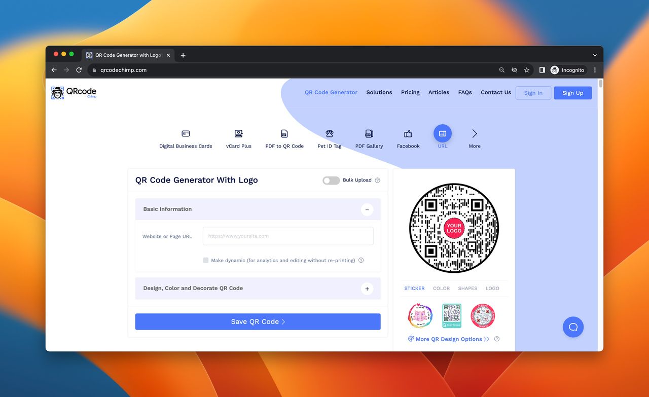 A screenshot of landing page of QR Code Chimp, which is a QR code generator
