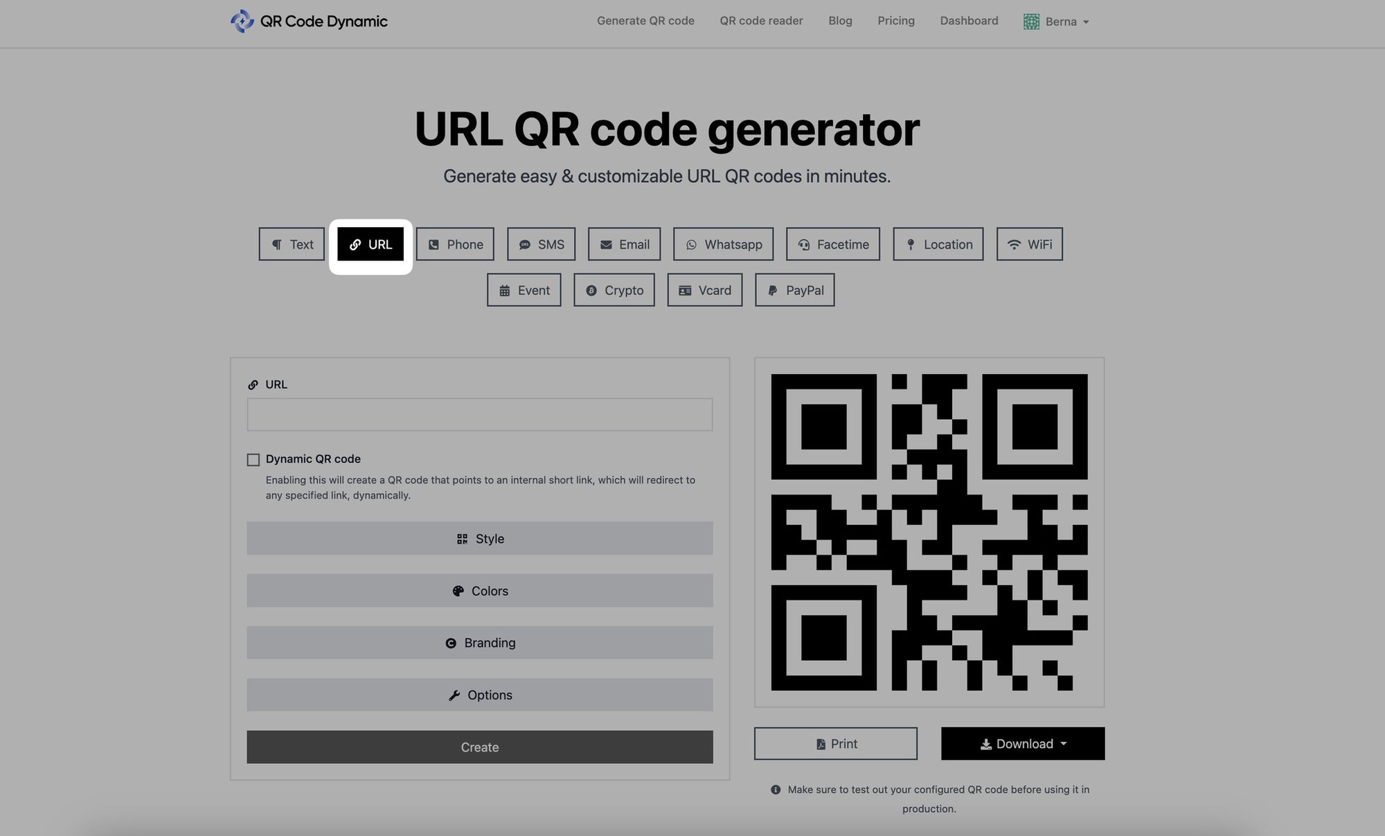 a screenshot of choosing URL from the QR code list of QRCodeDynamic