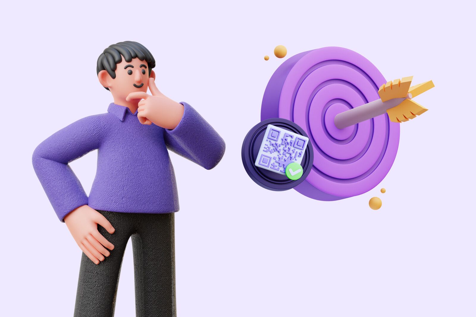 an illustration of a man thinking and a target with a QR code
