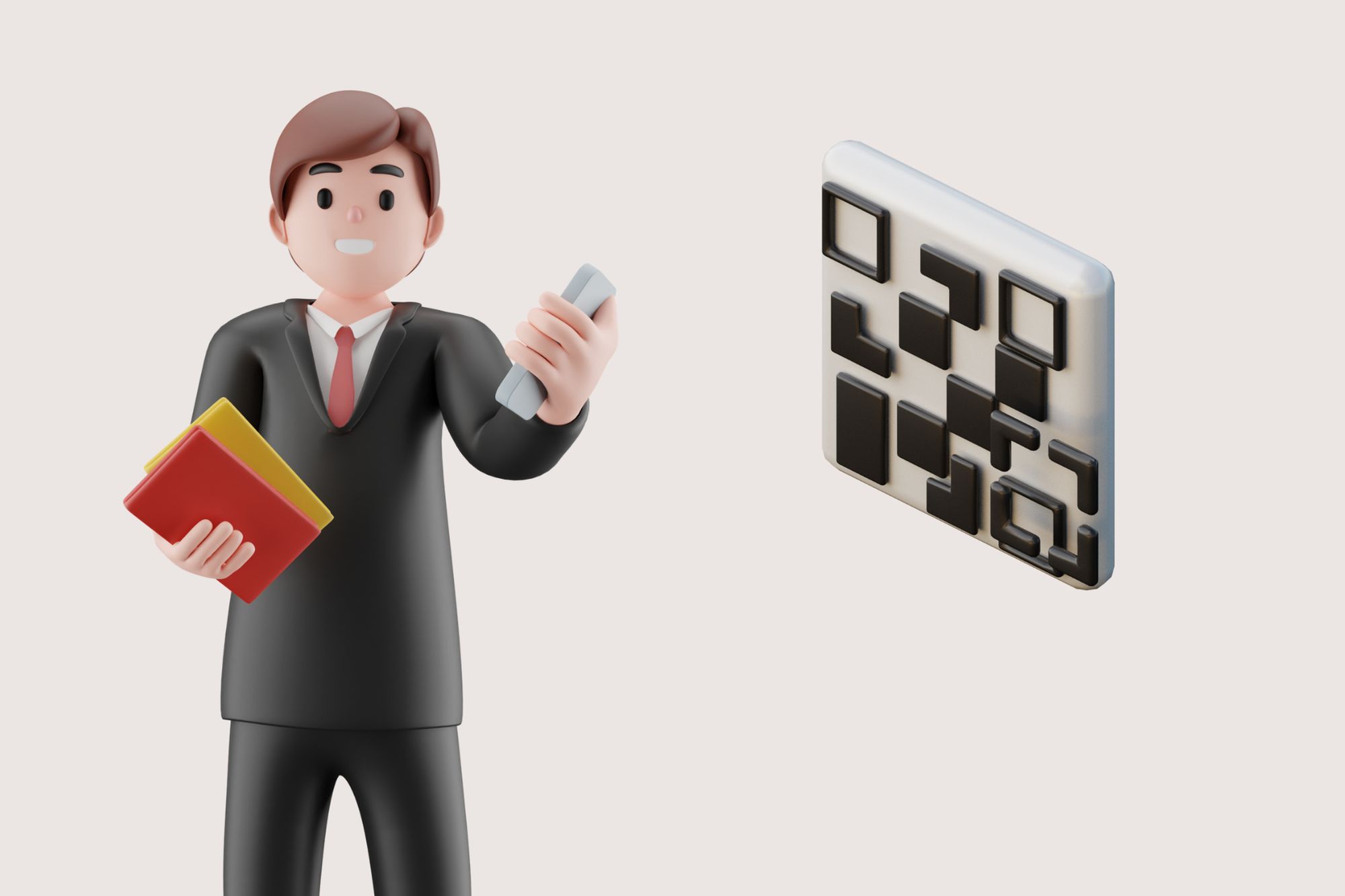 an illustration of a man in suit and a QR code next to him