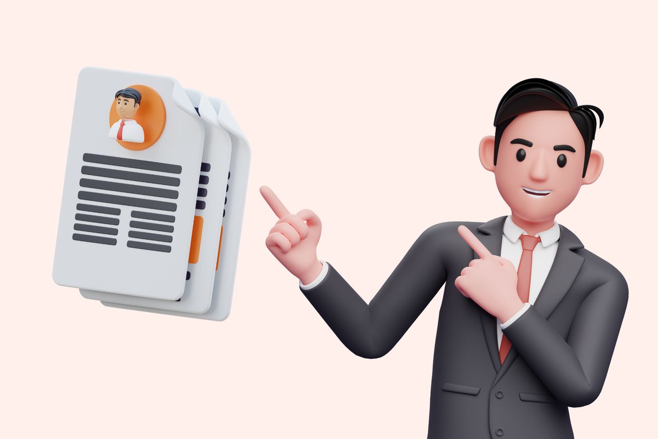 an illustration of a man in suit and a resume next to him