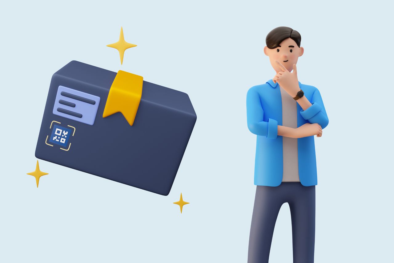 an illustration of a man thinking and a package with a QR code next to him