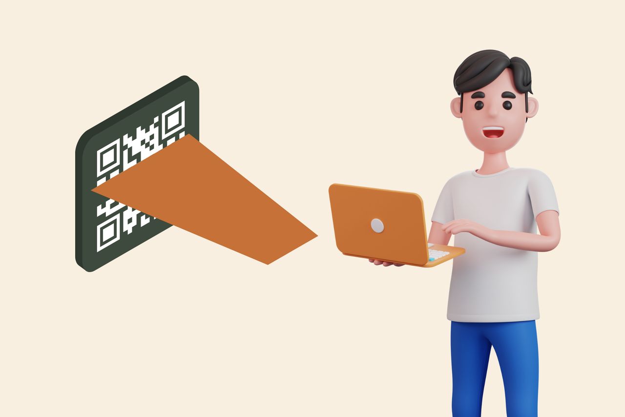 an illustration of a man holding a laptop and a QR code next to him