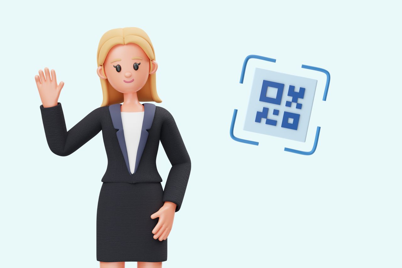 an illustration of a woman wearing suit and a QR code next to her