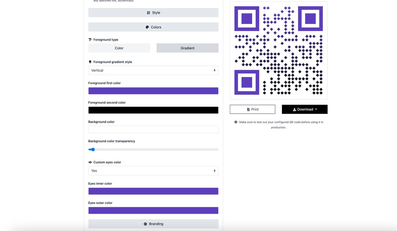 Screenshot of customizing a URL QR code inside QR Code Dynamic