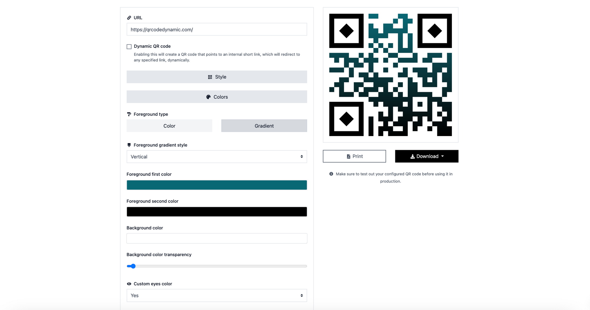 Screenshot of customizing a URL QR code in QR Code Dynamic with brand colors and a logo for receipt printing