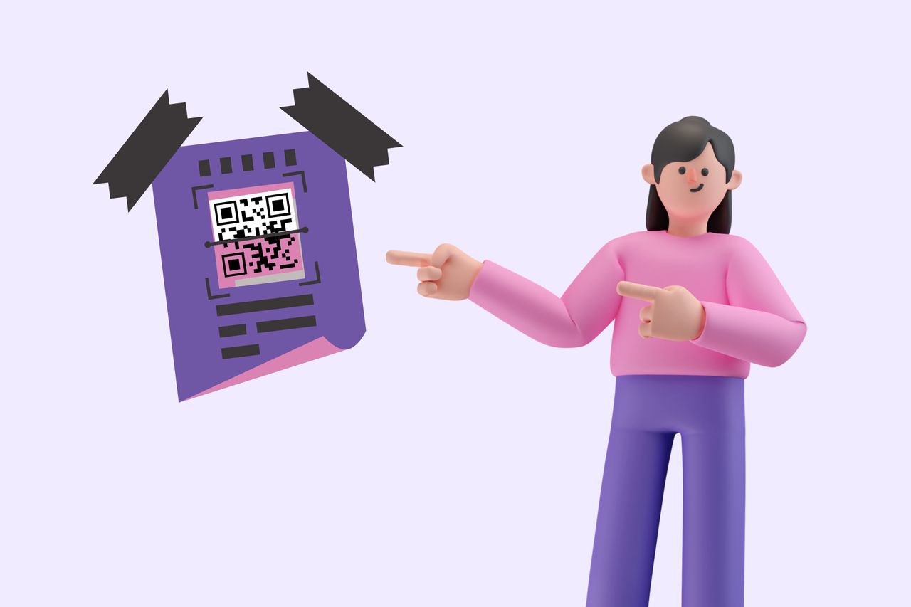 an illustration of a girl showing a flyer with a QR code