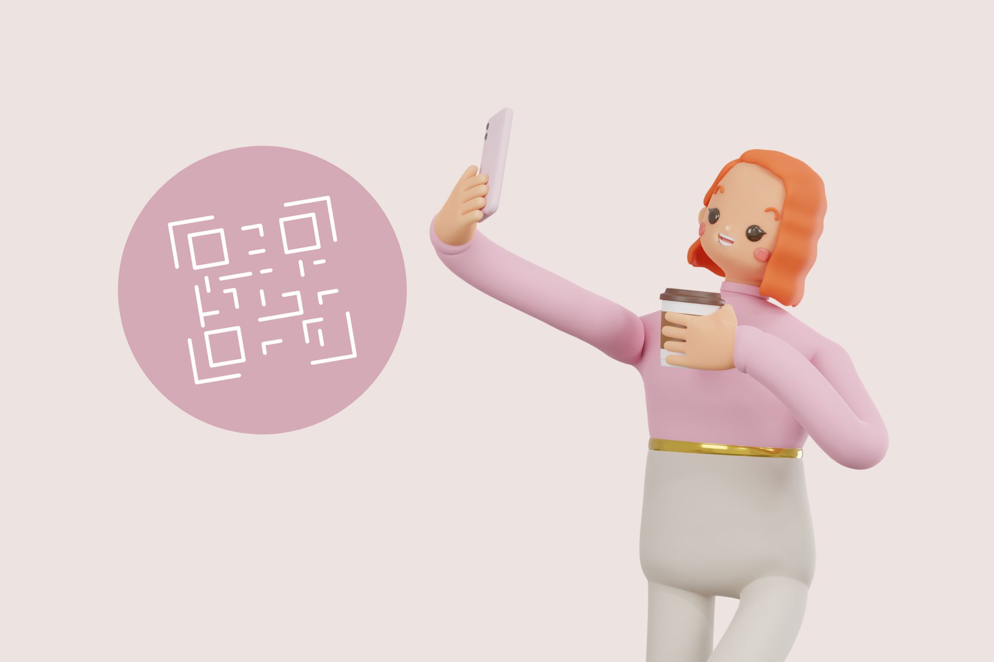 an illustration of a girl taking a selfie and a QR code next to her
