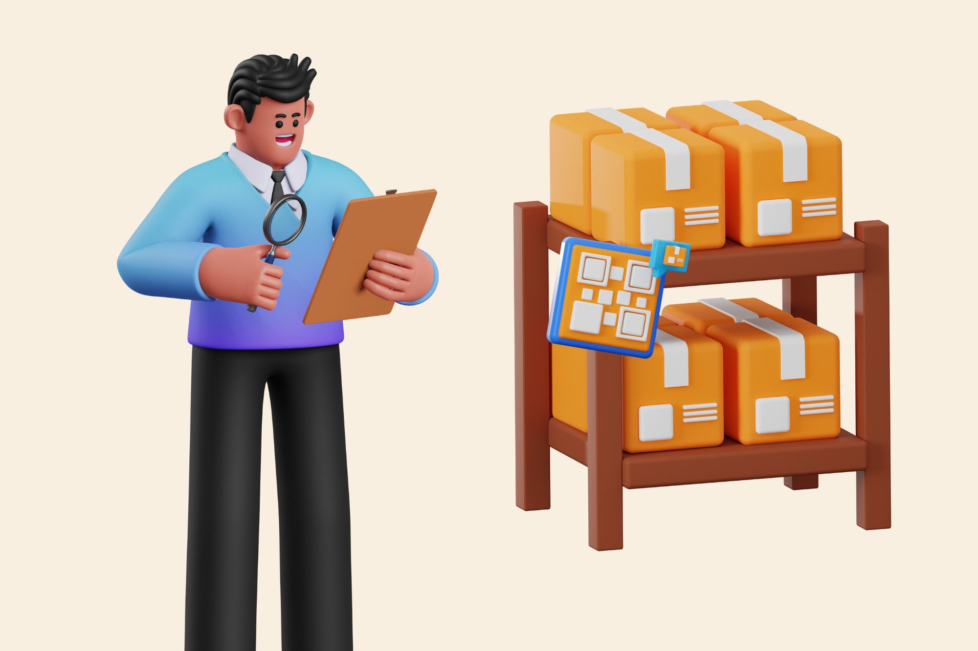 an illustration of a man checking a folder and an inventory with QR code next to him