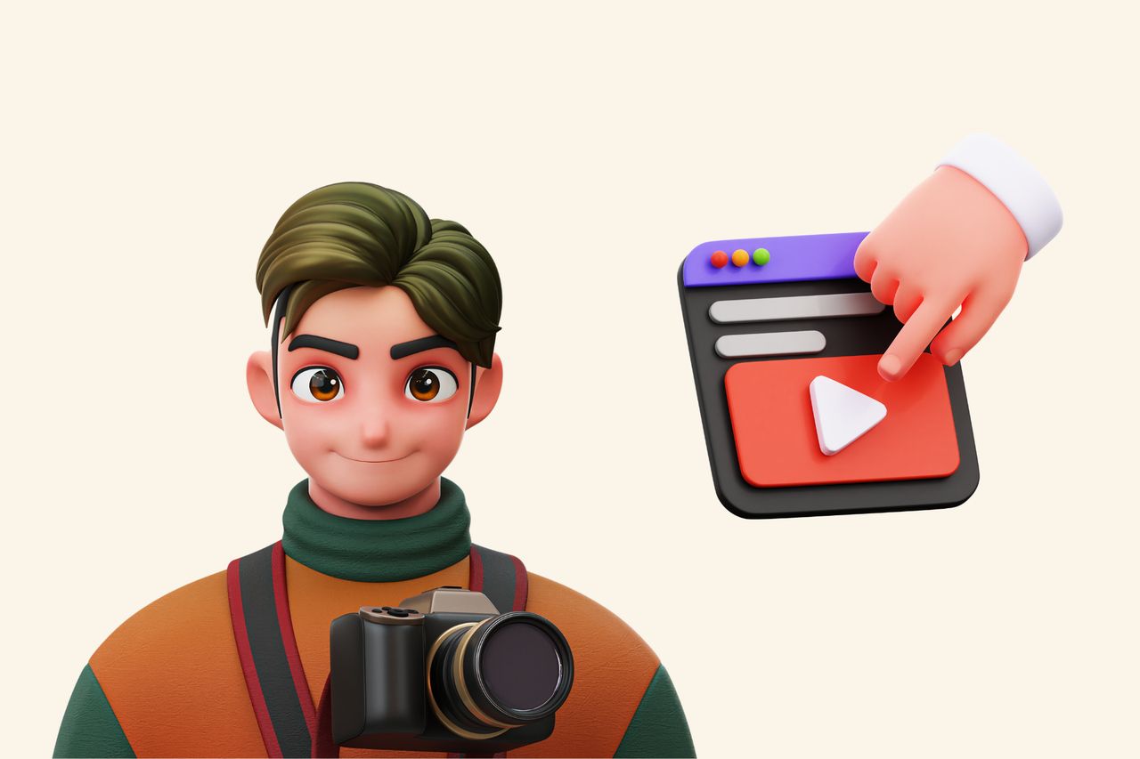 an illustration of a man holding a camera and a YouTube page next to him