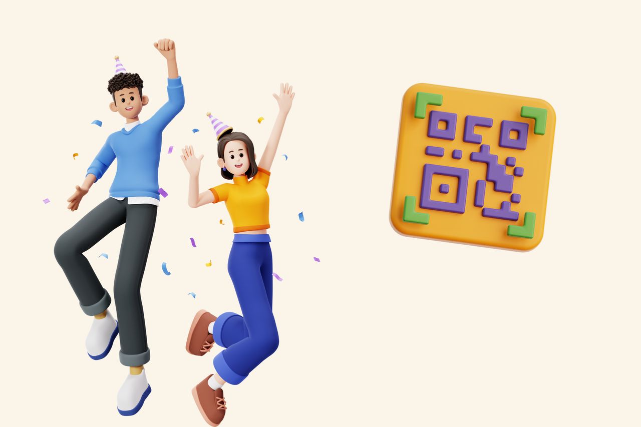 an illustration of two people celebrating and a colorful QR code next to them