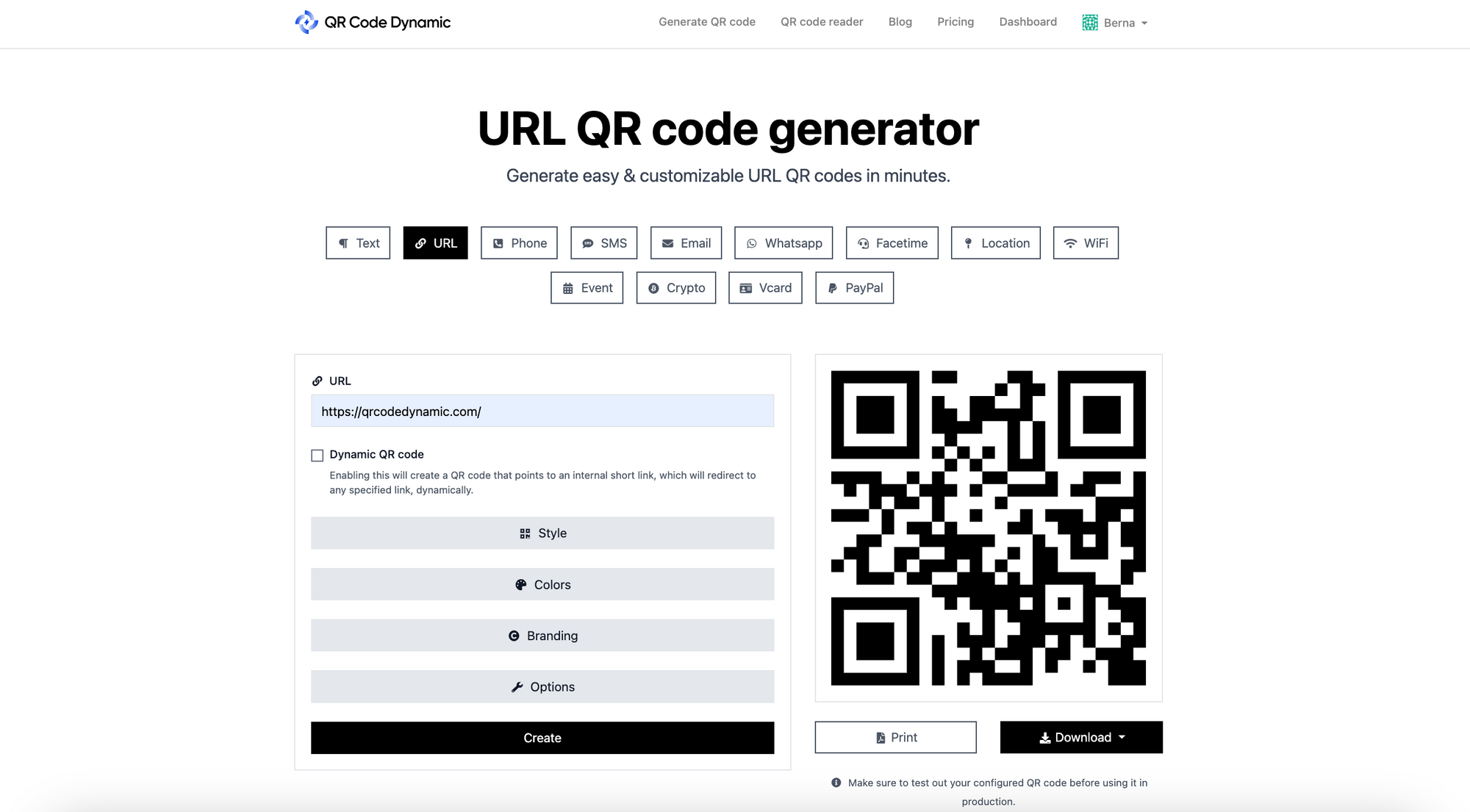 Screenshot of QR Code Dynamic's URL QR code generator with a receipt landing page filled in