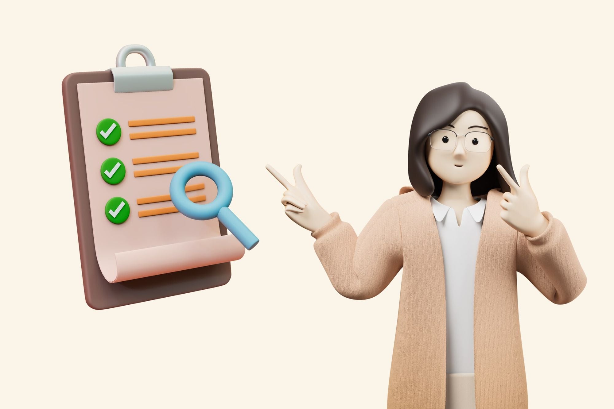 an illustration of a woman wearing glasses and showing a form next to her