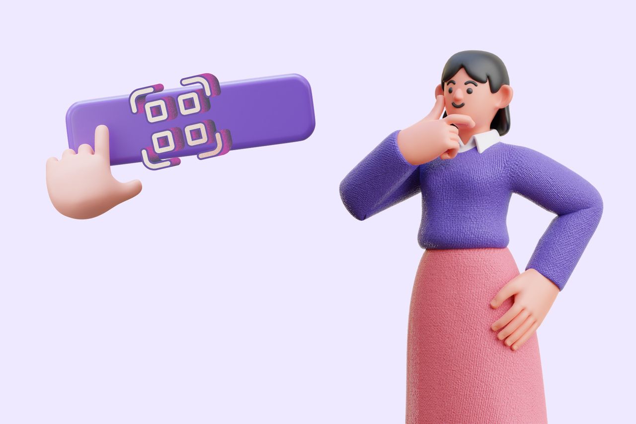 An illustration of a girl standing next to a QR code with a call to action