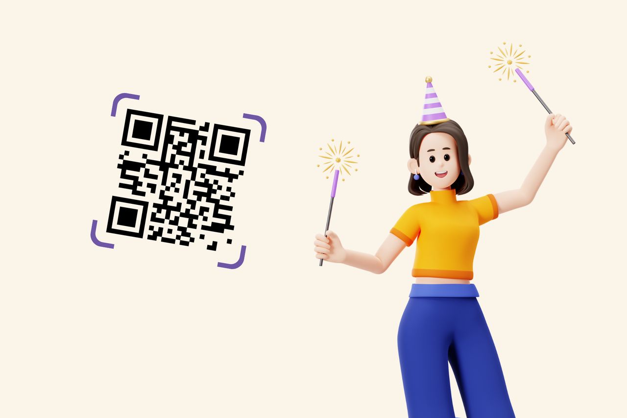 an illustration of a girl with confettis and a QR code next to her