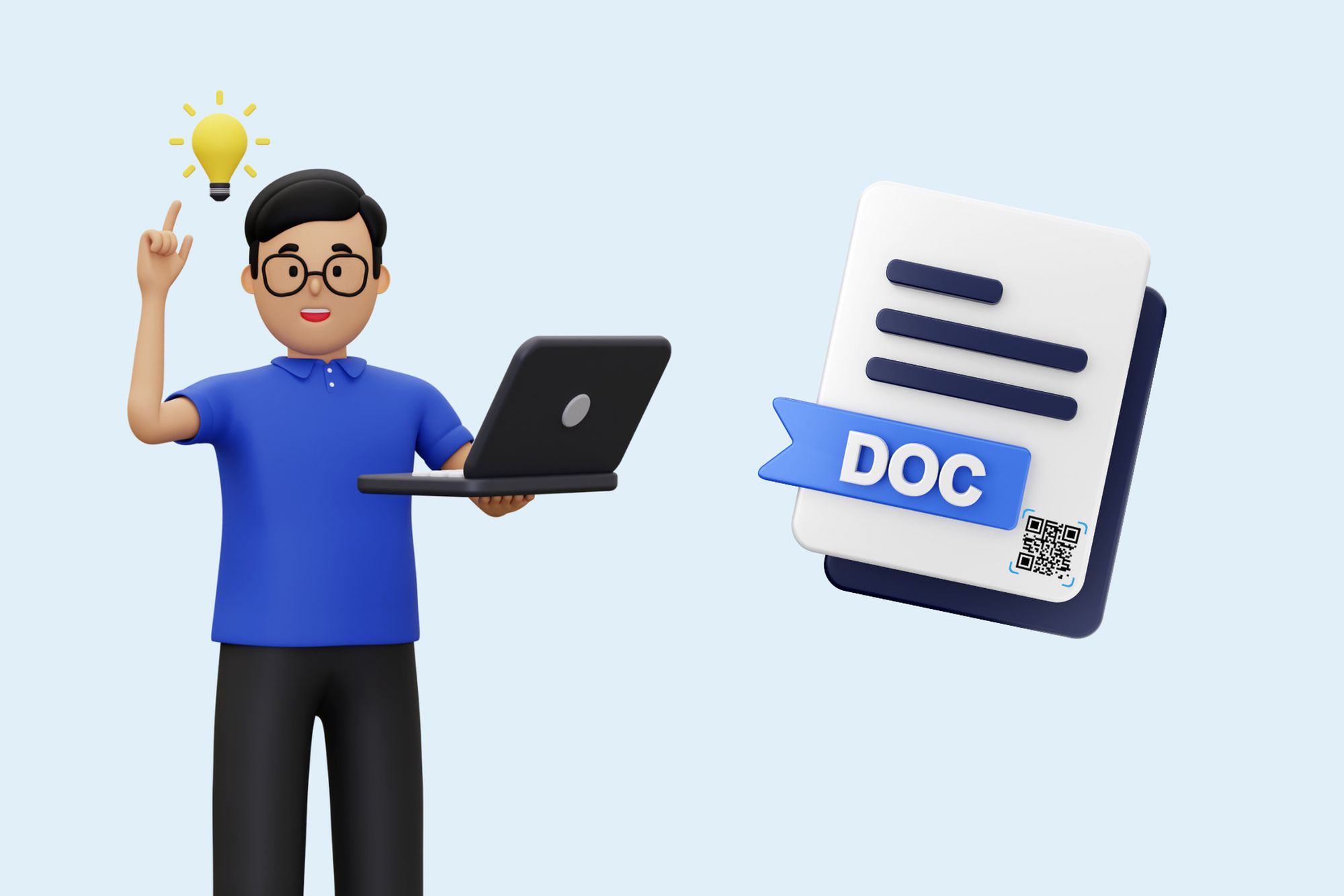 A man holding a laptop and a document with a QR code next to him