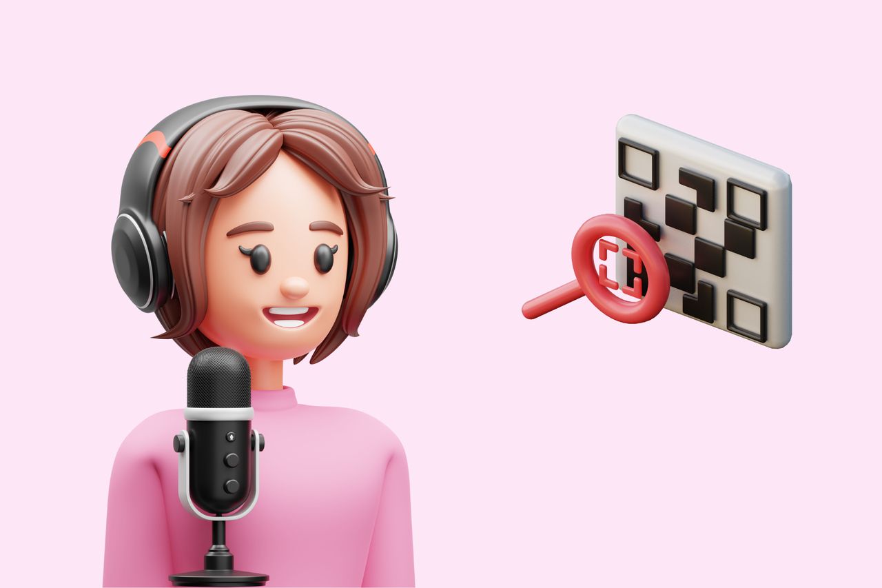 An illustration of a girl recording a podcast with a QR code next to her