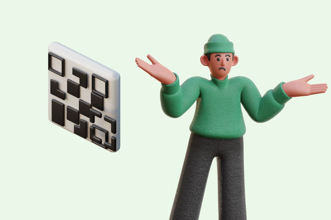 An illustration of a man showing two hands with a QR code next to him