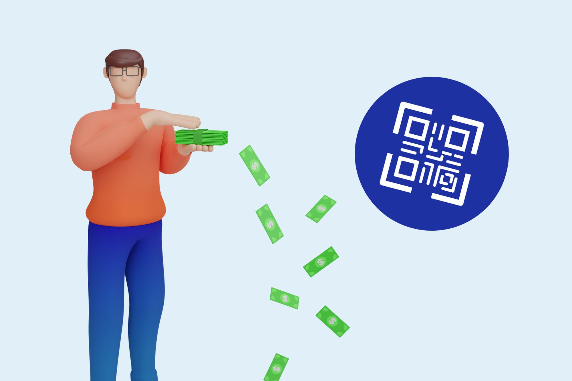 An illustration of a man with money and a QR code next to him