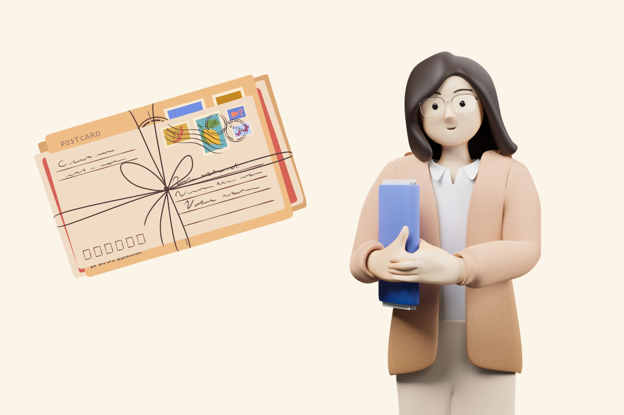 an illustration of a postcard and a woman next to it
