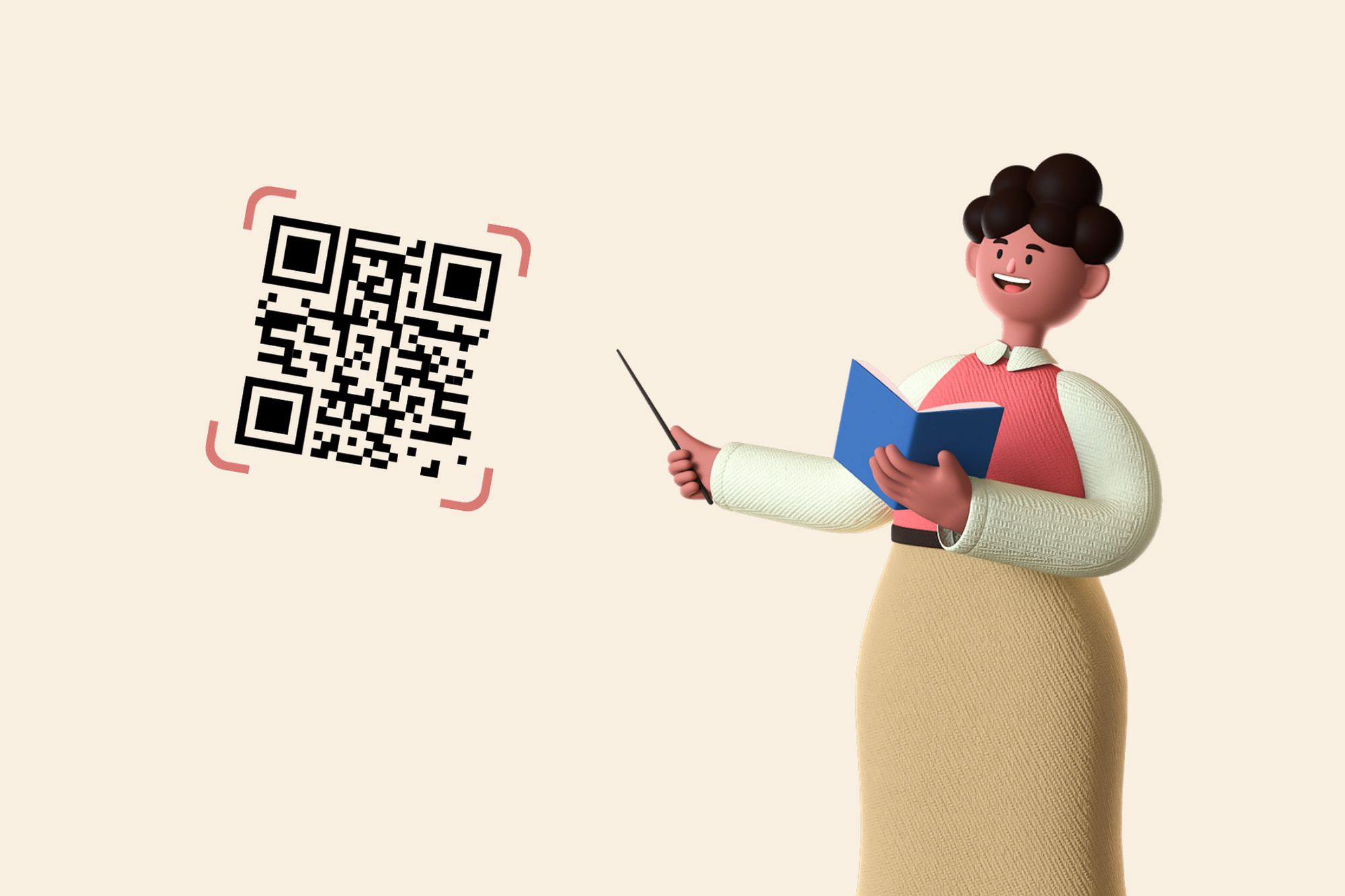 an illustration of a teacher showing a QR code