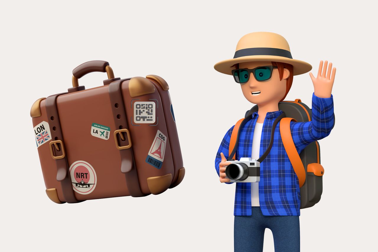 An illustration of a traveler man with luggage and a QR code next to him