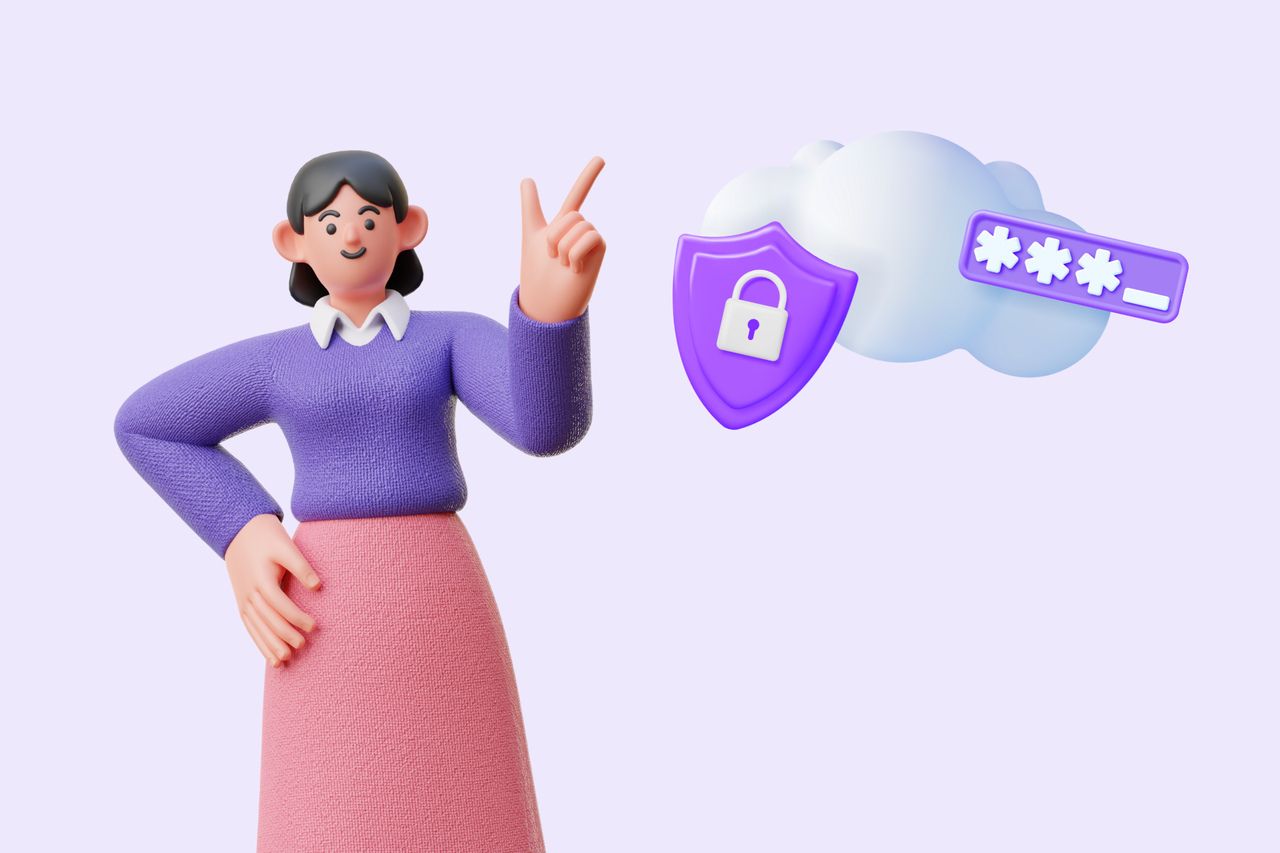 an illustration of a woman pointing at a password protected cloud
