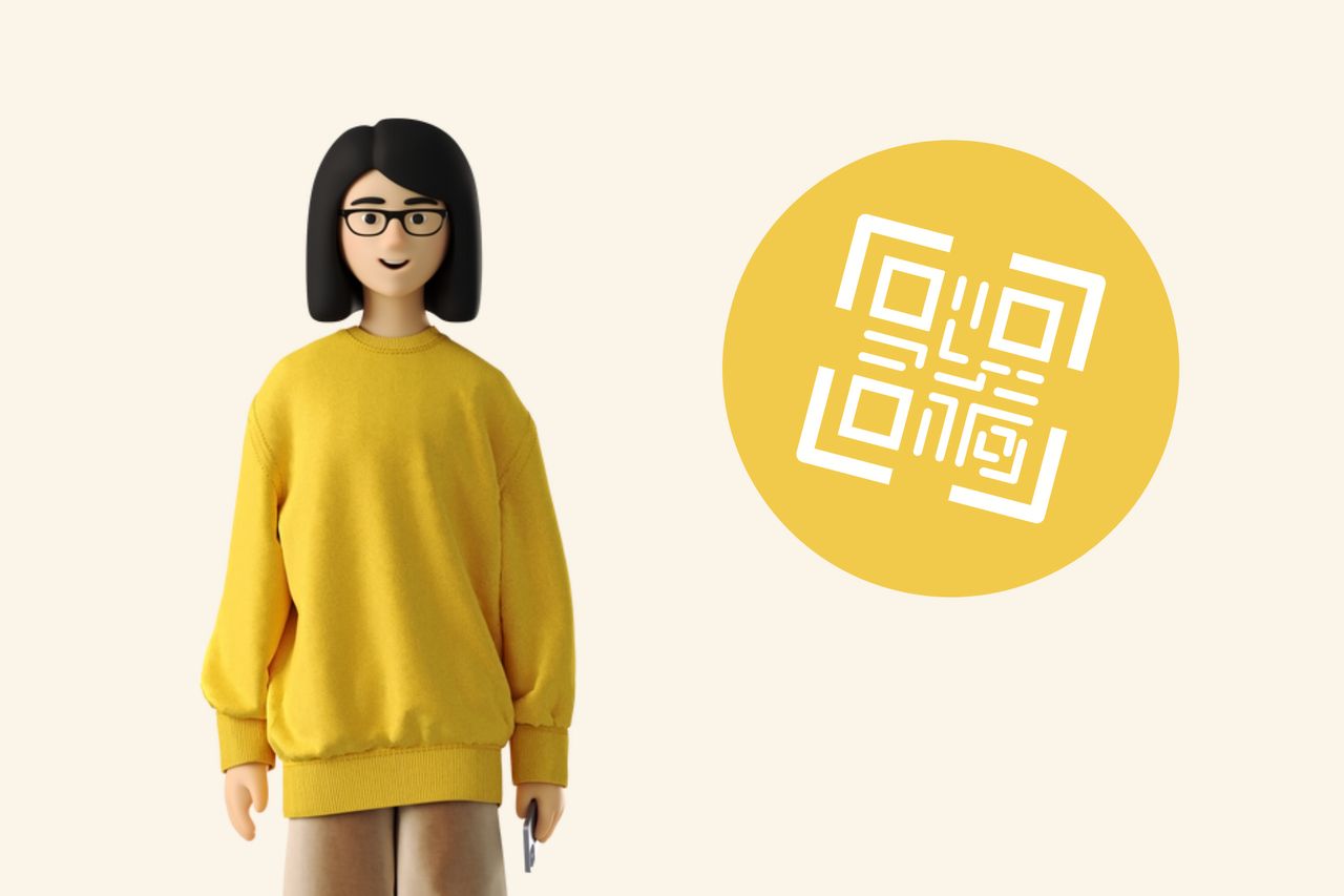 An illustration of a woman wearing glasses, standing, and smiling next to a QR code