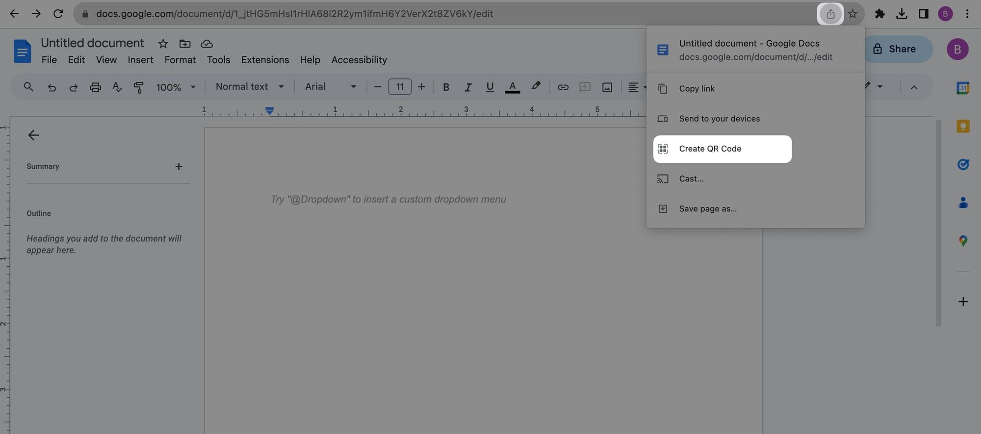 Creating a QR code with Google Chrome's address bar share button on a Google Doc