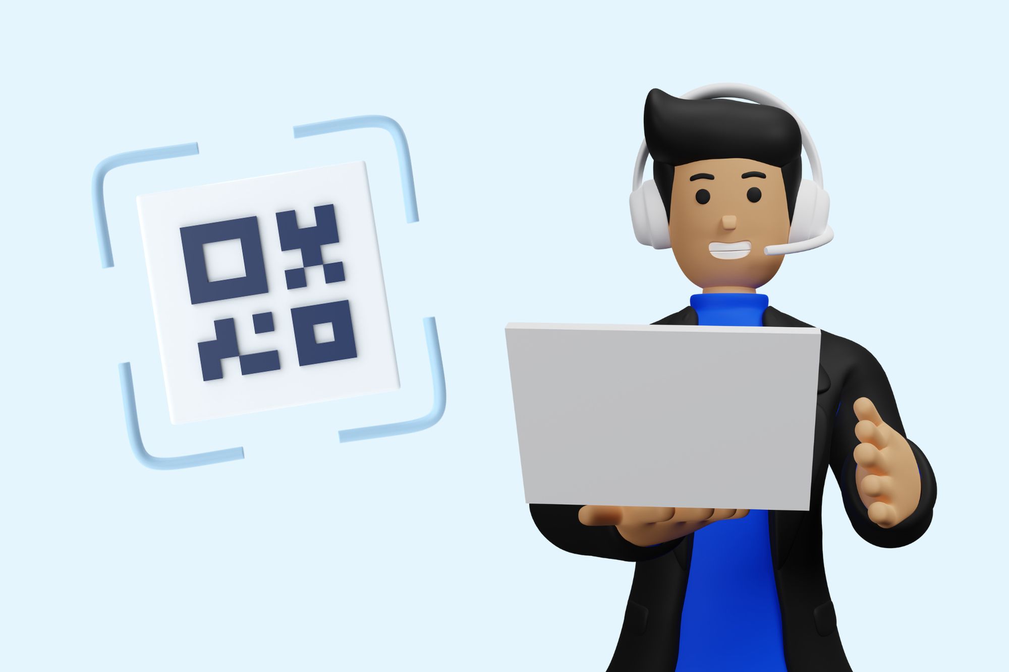 illustration of a man using computer and headphones and a QR code next to him